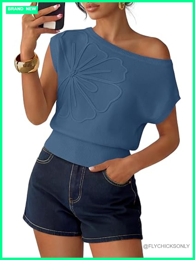 Off Shoulder Floral Knit Sweater Vest Lightweight Pullover Tops Summer